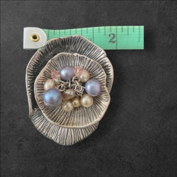 Rare Find Modernist Real Pearl Pewter Floral Brooch 2.25" - Picture 3 of 4
